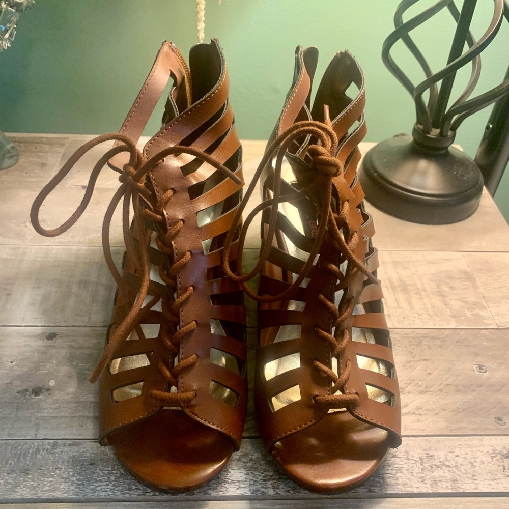 Material Girl Harley lace up wedge sandals